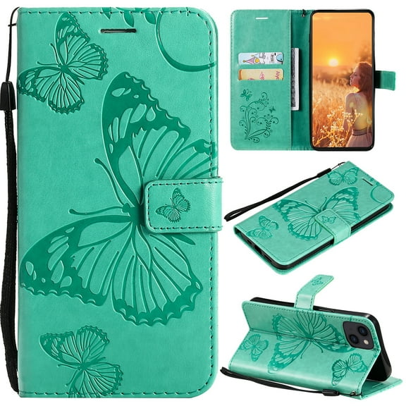 Dteck for Apple iPhone 15 Plus with Card Holder, Shockproof Magnetic Wallet Card Pocket PU Leather Kickstand Women Men Embossed Butterfly Wrist Strap Flip Folio Case, green