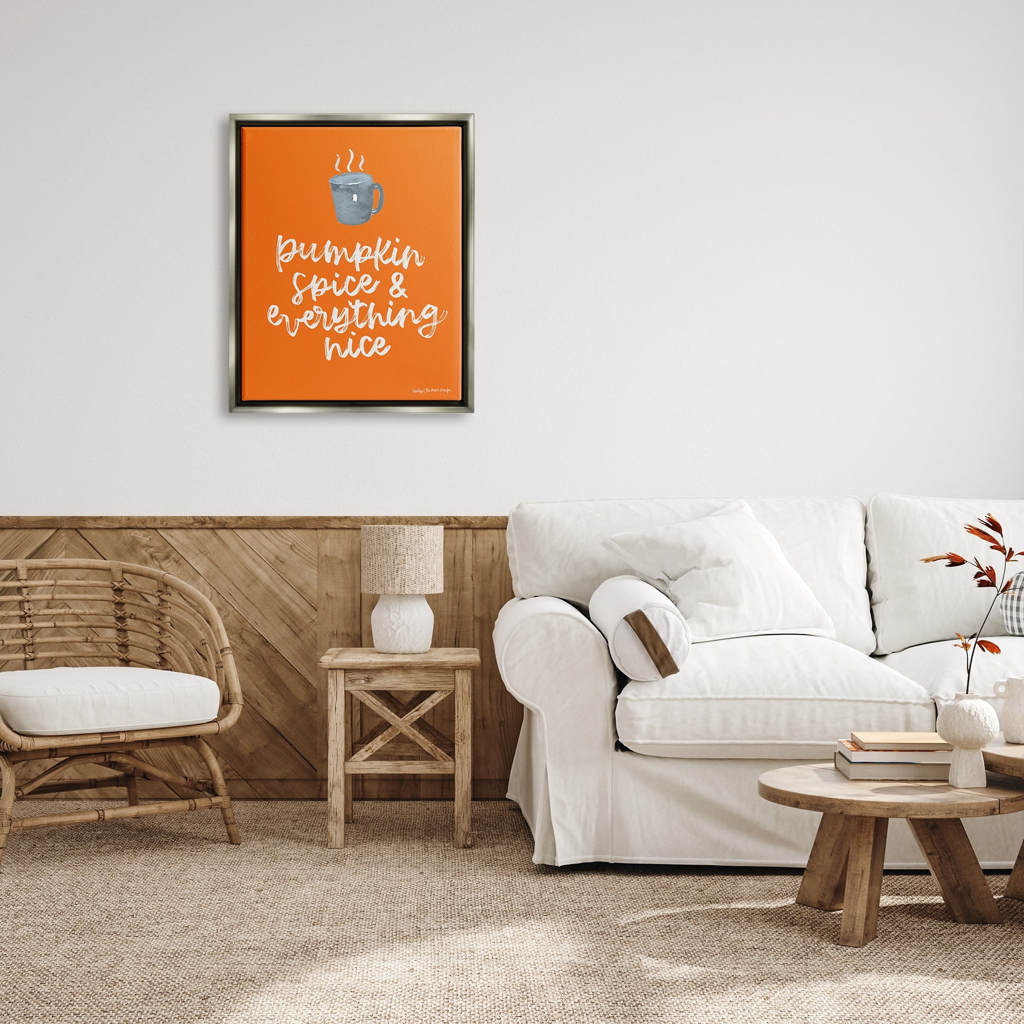 Stupell Industries Pumpkin Spice Steaming Coffee Mug Fall Calligraphy Graphic Art Luster Gray Floating Framed Canvas Print Wall Art, Design by Cecily Moore