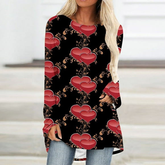 Qertyioot T-shirt Solide pour Femme Valentine'S Day Gift! Manches Longues Blouse Col Rond Casual Tops