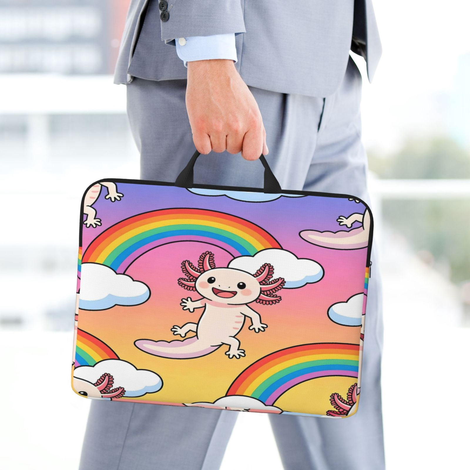 Laptop Sleeve Bag For Women Men 14inch Waterproof Durable Protective Computer Carrying Cover Handle Laptop Case Bag Rainbow Cloud Axolotl