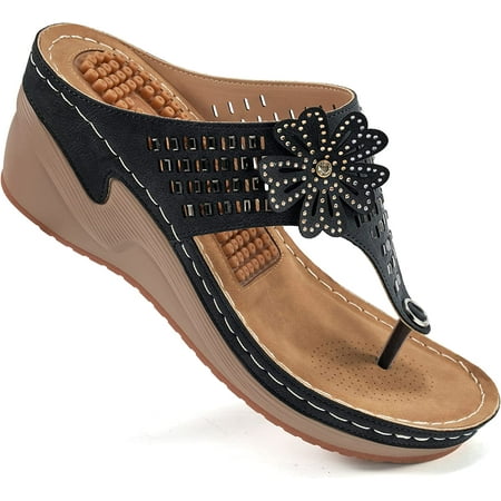 

Wedge Sandals Women Flip Flops with Arch Support High Increased Flower Platform Sandals for Women Dressy Summer Wedge Shoes Cushion FootBed Comfort Flip Flops