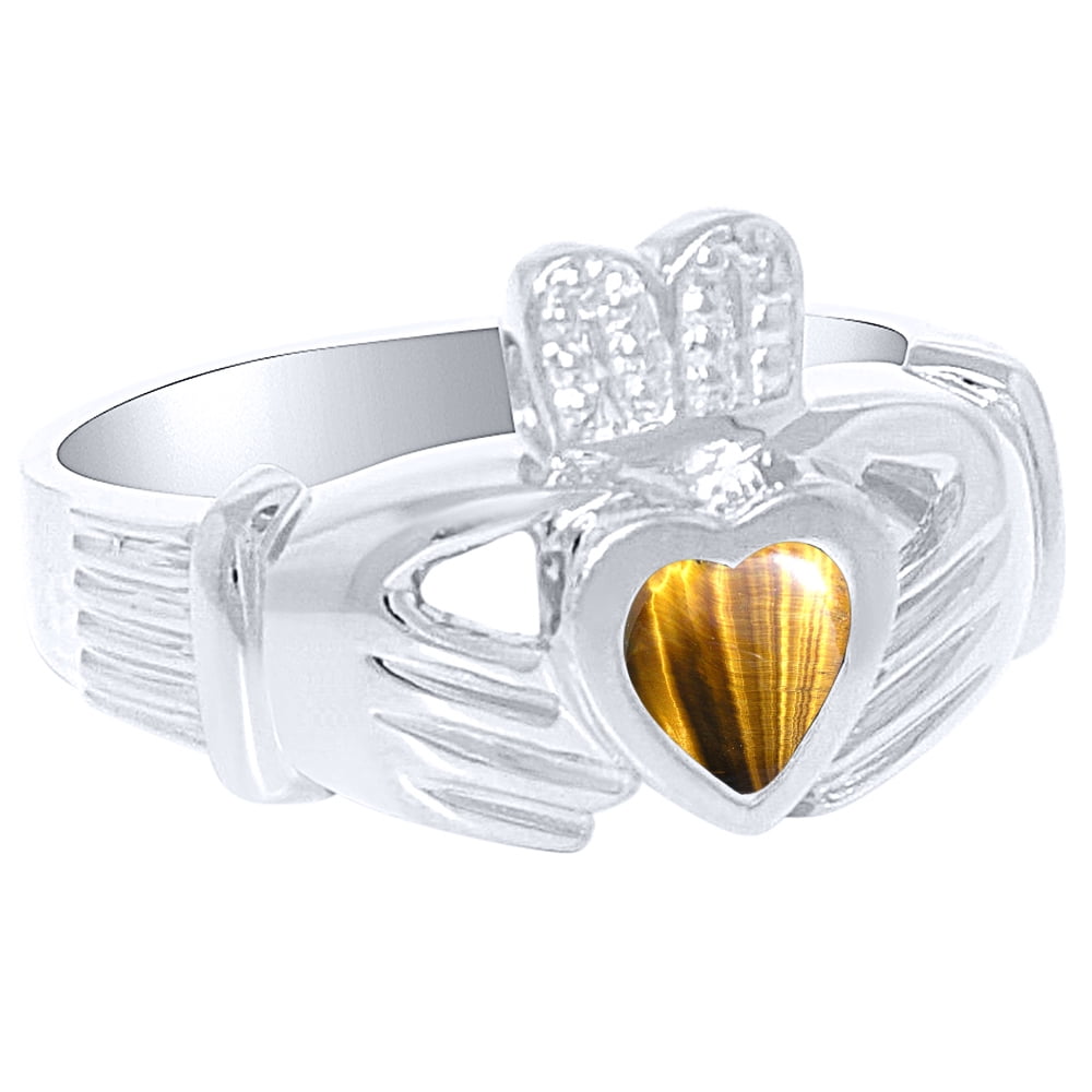Unisex His or Hers Simulated Tiger's Eye Claddah Ring Love, Loyalty & Friendship Ring 14K Yellow Gold or 14K White by Elie Int.
