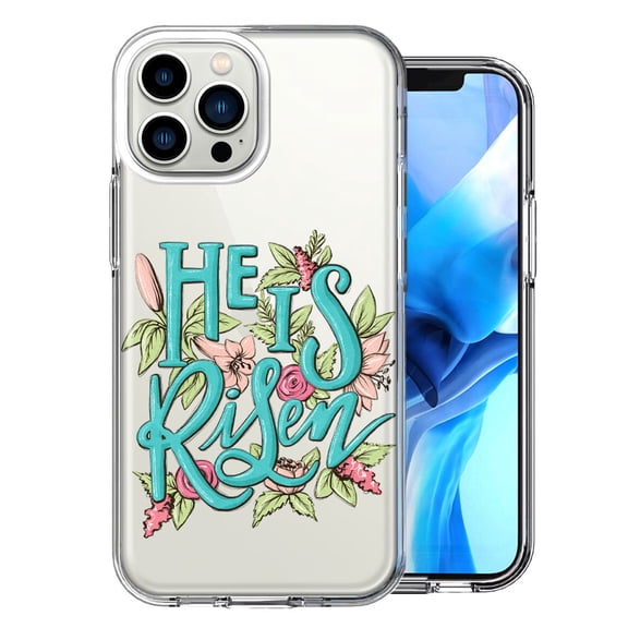 MUNDAZE for Apple iPhone 13 Pro Max He Is Risen Text Easter Jesus Christian Flowers Double Layer Phone Case Cover