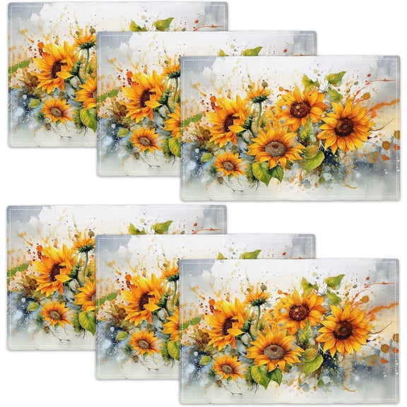 Sunflower Spring Placemats Set of 6, 12x18 Inch Summer Flower Table Place Mat Floral Washable Non-Slip Heat Resistant Fabric Placement Mats for Dining Kitchen Indoor Outdoor Decor