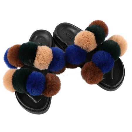 

Coxeer Women Furry Slippers Fashion Pom Pom Ball Faux Fur Slippers Fluffy Sandals