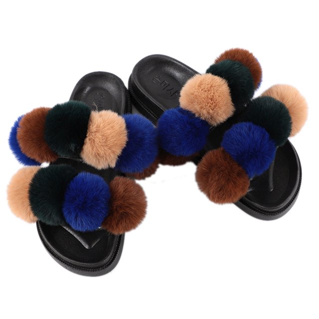 Women Furry Slippers Fashion Pom Pom Ball Faux Fur Slippers Fluffy Sandals