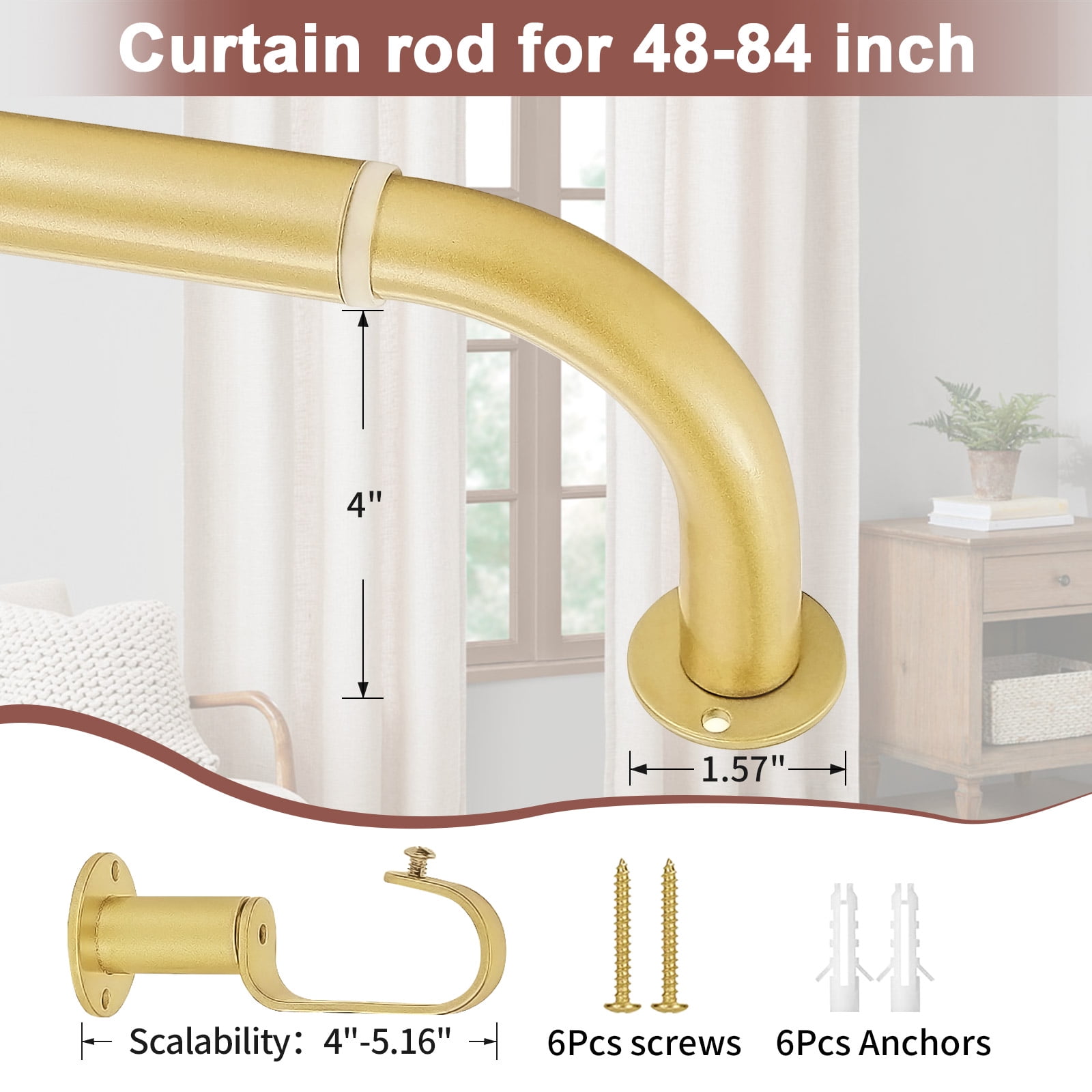 Meriville 1-Inch Diameter Wrap Around Blackout Curtain Rod, 28-Inch to 48-Inch, Royal Gold Finish with Round Base