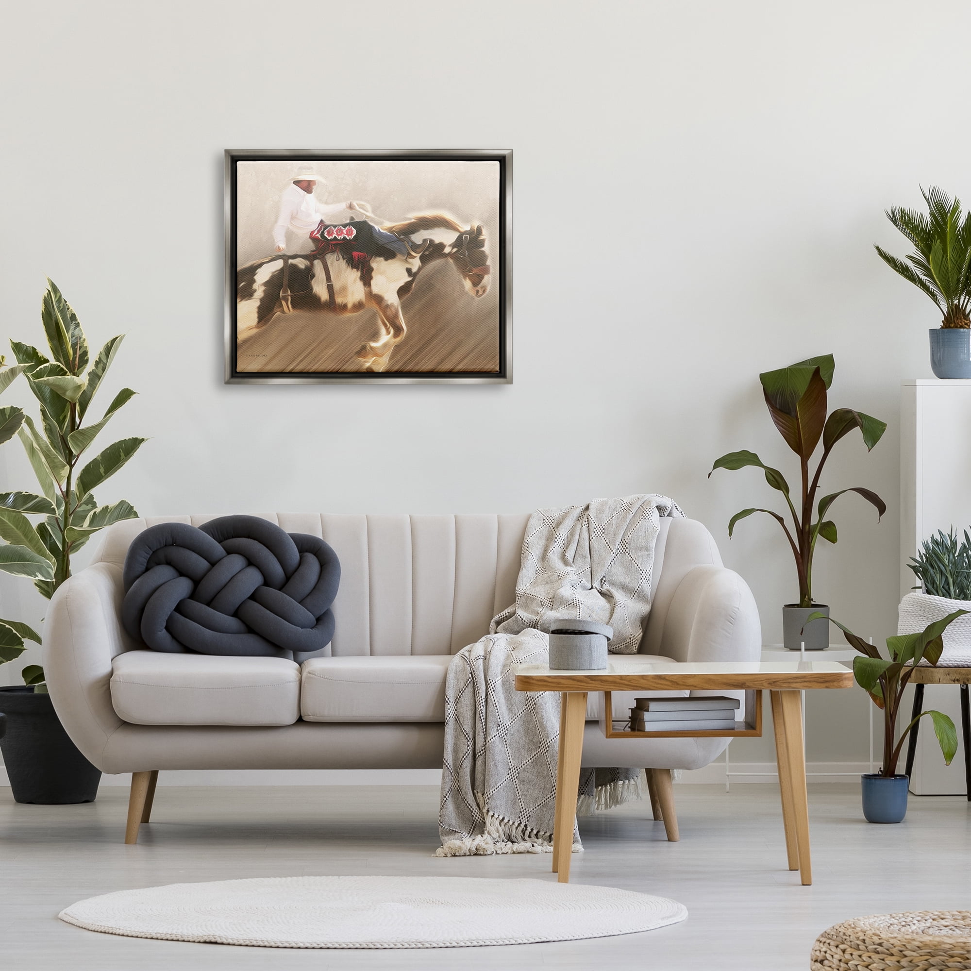 Stupell Industries Cowboy Riding Horse Animals & Insects Painting Gray Floater Framed Art Print Wall Art, 31 x 25