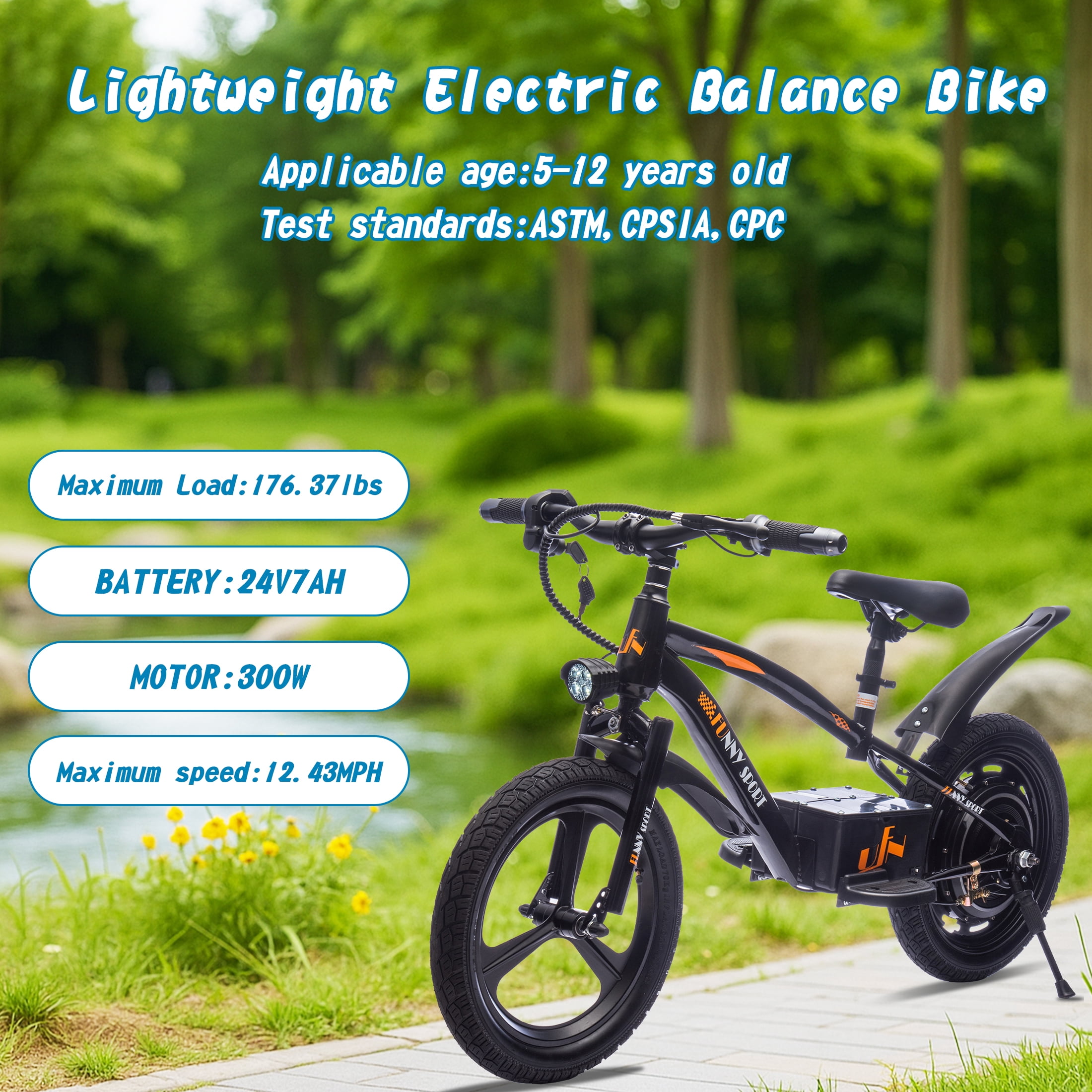 Dvsripa 24V Kids Electric Dirt Bike,300W Super Power Motor,Max 12.43MPH,16in Wheels,Power Display,Adjustable Seat Height,Hand-Operated Brakes Electric Balance Bike For Kids 5-12,Black