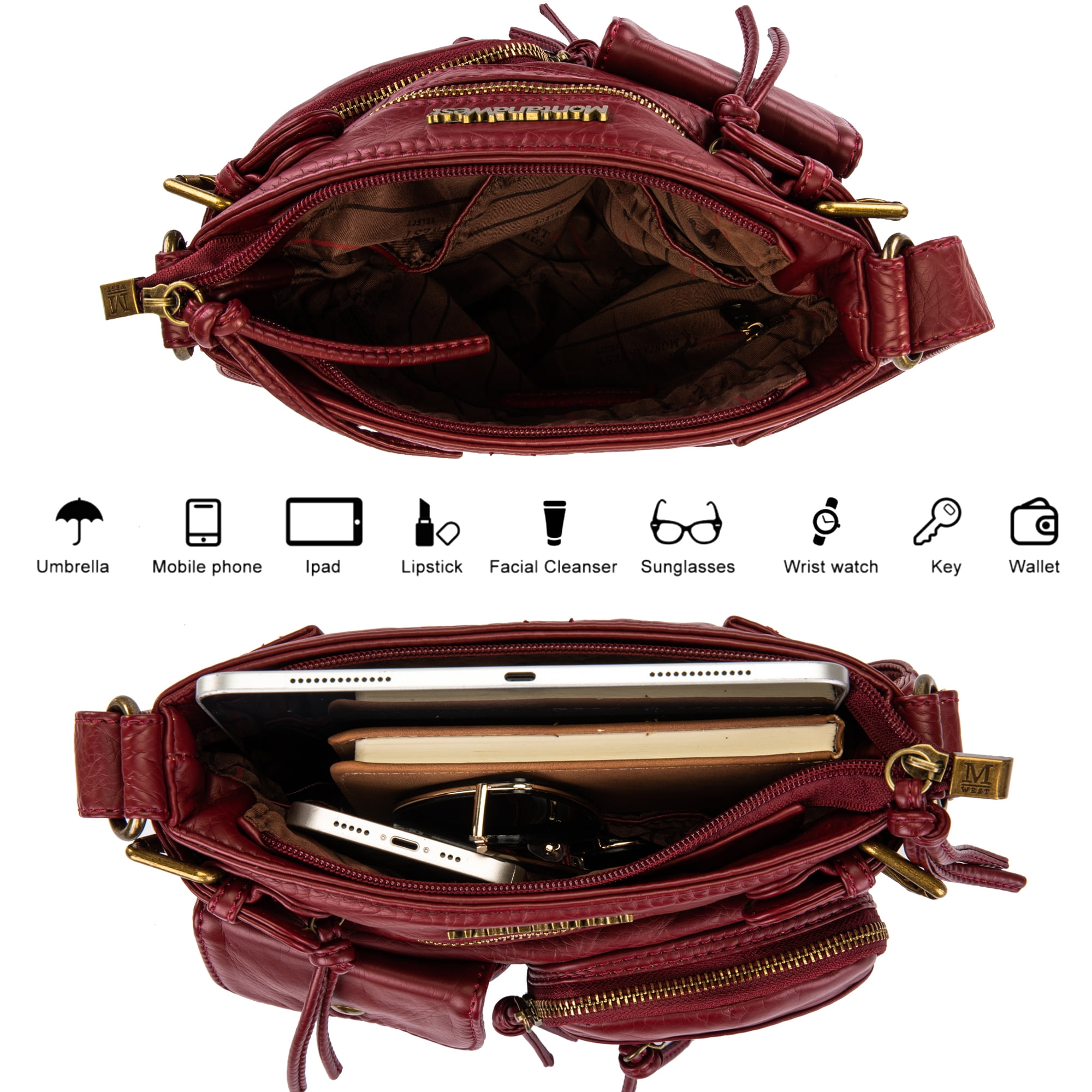 Montana West Crossbody Bag for Women Soft Washed Leather Multi Pocket Shoulder Purses, Burgundy