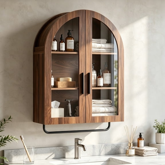 Ktaxon Arched Bathroom Medicine Cabinet, Wall Mounted Storage Cabinet with Double Glass Doors, Towel Bar & Adjustable Shelf, for Bathroom, Entryway and Kitchen, Walnut