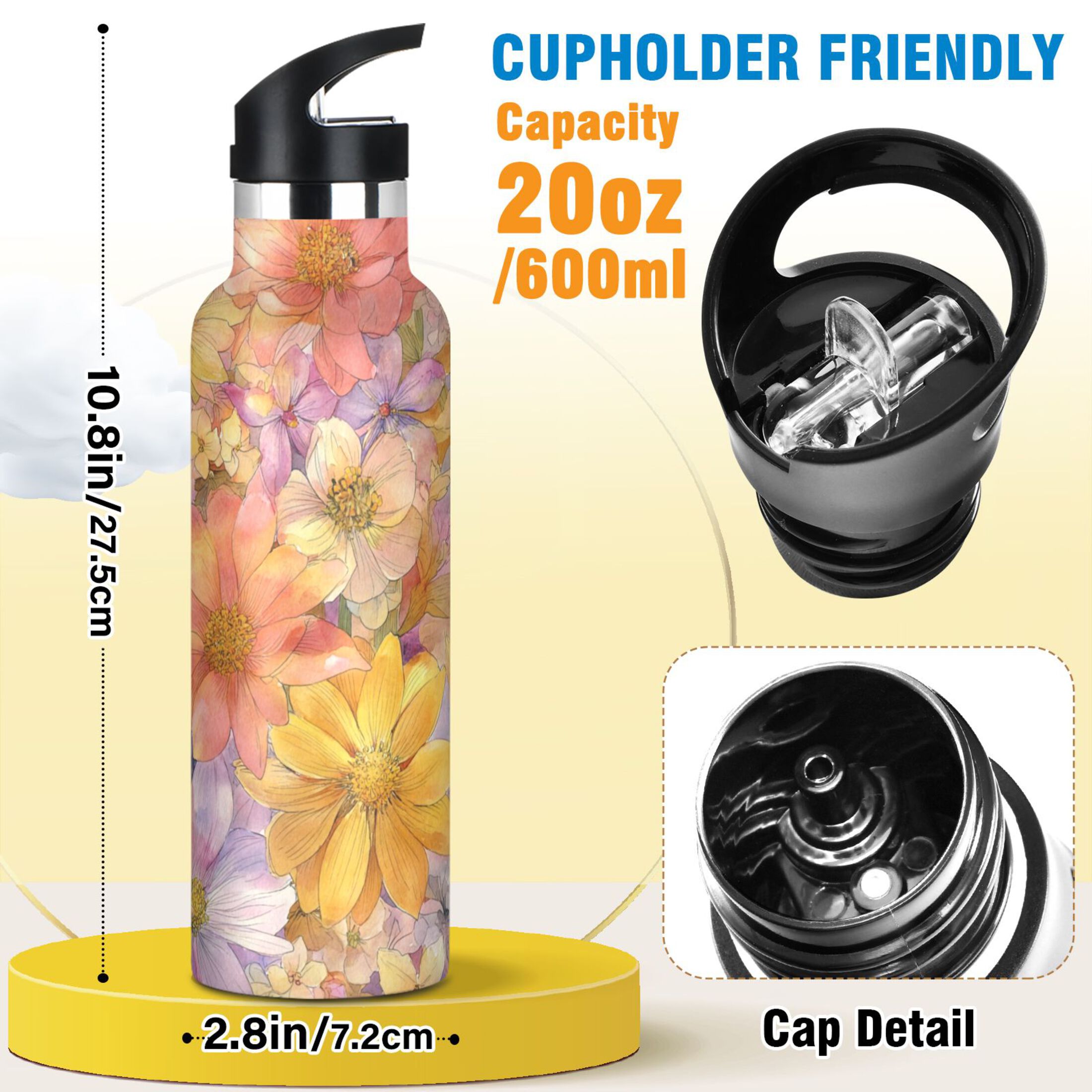 Kids Insulated Stainless Steel Sports Water Bottle 600ml (20oz) Summer Blossoms