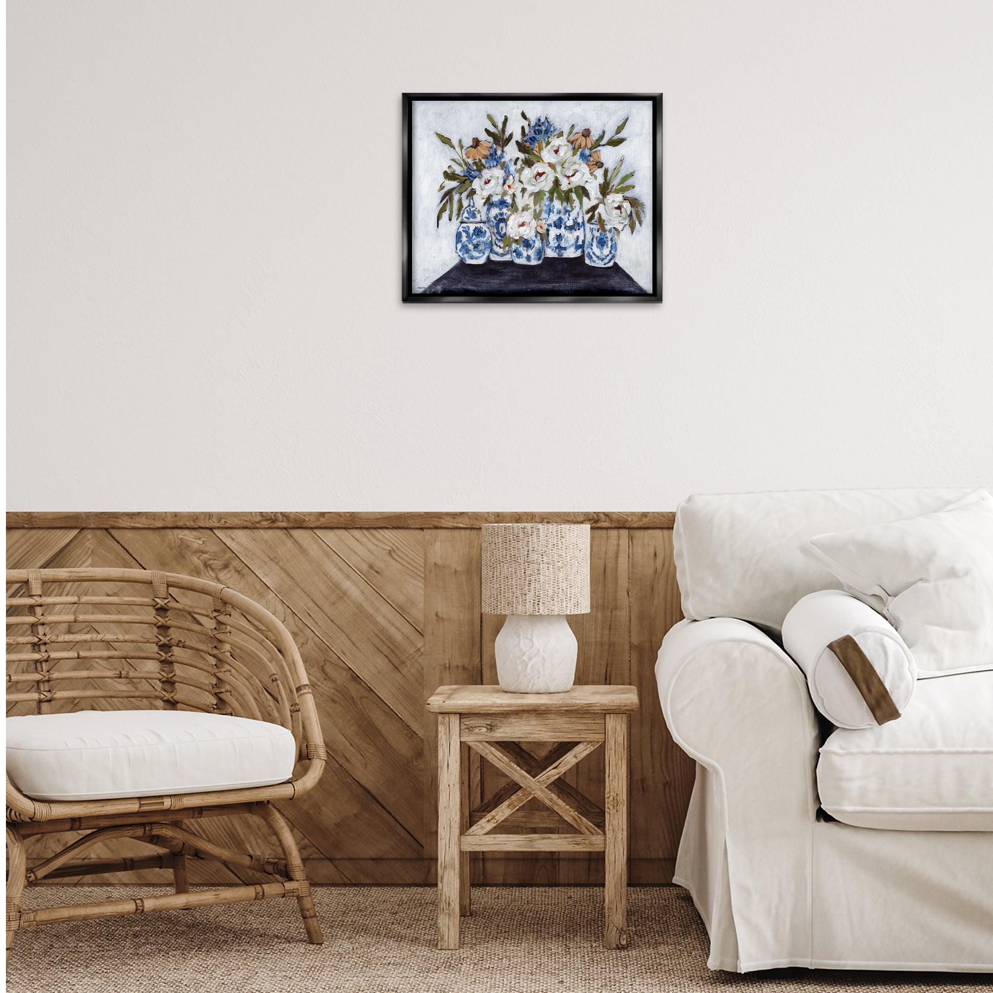 Stupell Industries Ornate Flower Pots Still Life Plants & Flowers Painting Black Floater Framed Canvas Art Print Wall Art, 21 x 17
