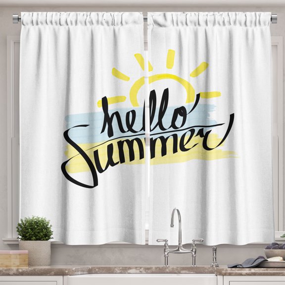 Ambesonne Hello Summer Kitchen Curtains, Brush Strokes Art, 55"x39", Pale Yellow Almond Green
