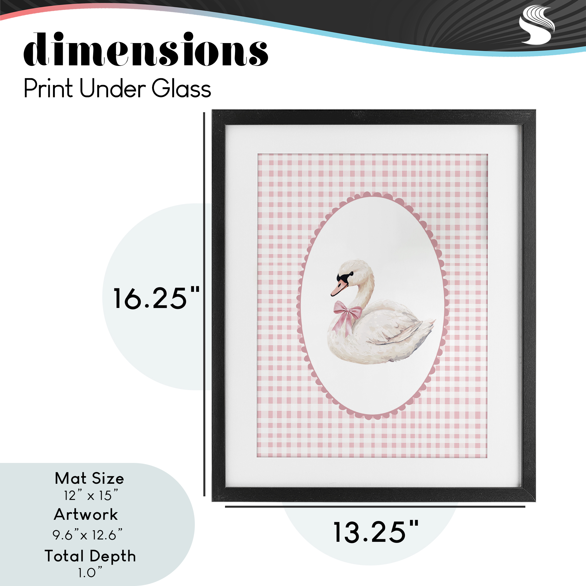 Gentle Swan on Pink Checkered Black Framed Print Under Glass, design by Christine Simpson Art