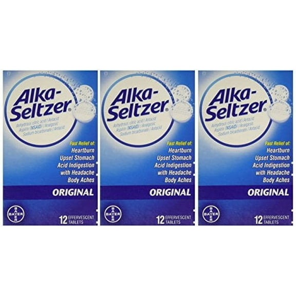 Alka-Seltzer Original Effervescent Tablets with Aspirin, 12-Count (Pack of 3)