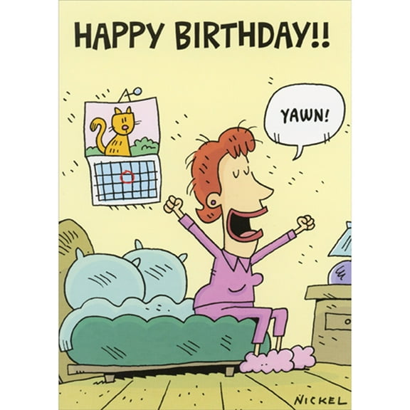 Oatmeal Studios Woman in Purple Pajamas Sitting on Bed and Yawning Funny / Humorous Feminine Birthday Card for Her