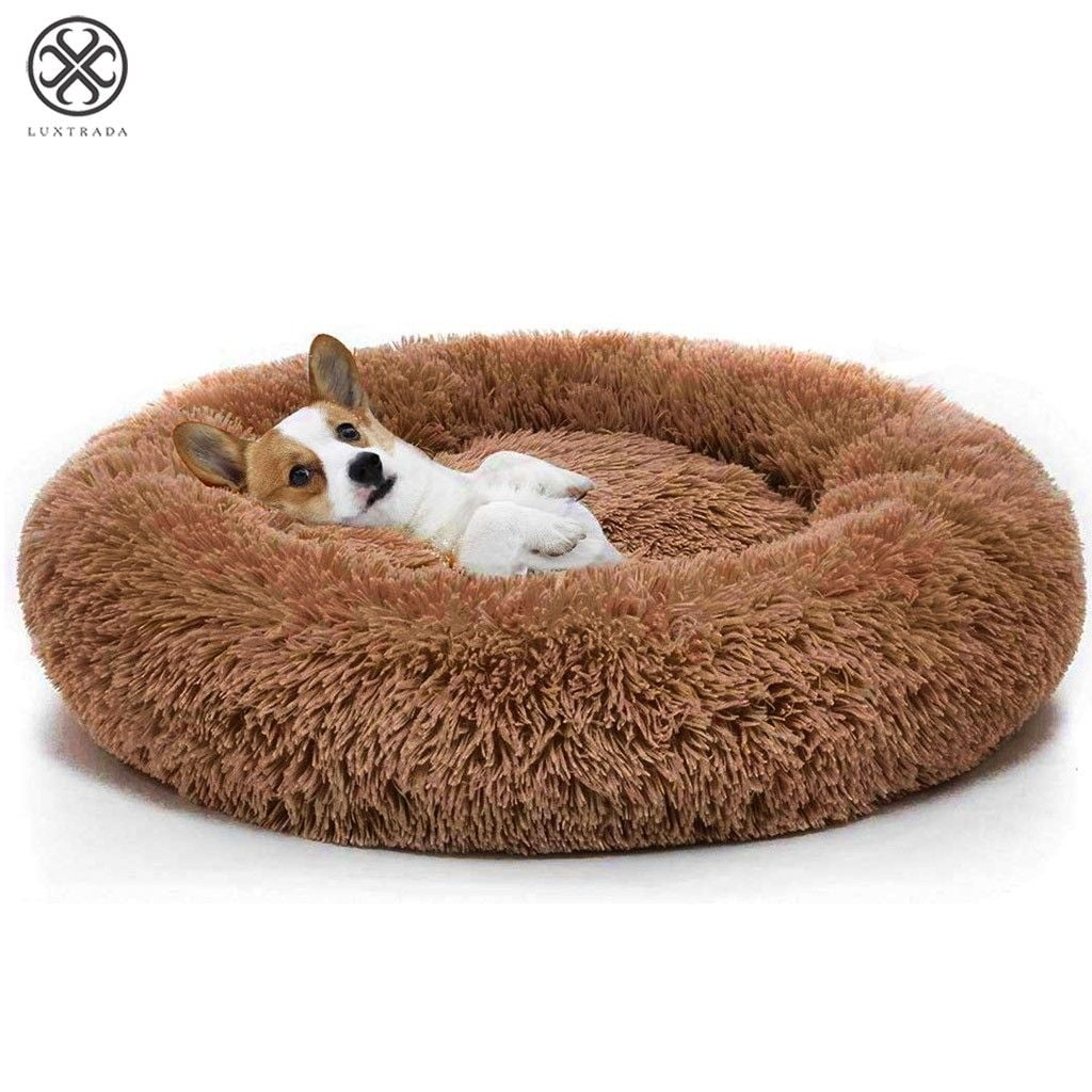 Topmart Plush Calming Dog Bed,Washable Cat Donut Bed,Anti Anxiety Plush Dog Bed,Faux Fur Donut Cuddler Cat Bed for Small Dogs and Cats,23 × 23,Grey 