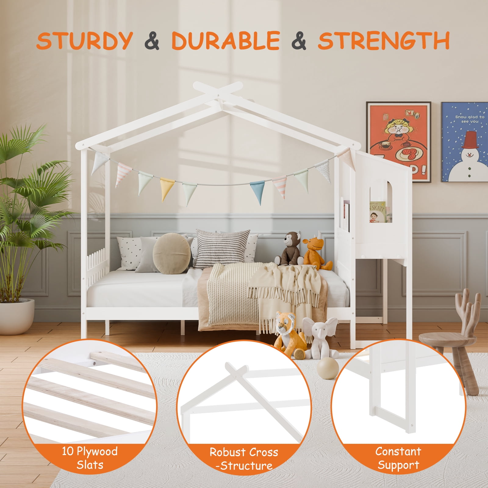 Gianna Twin Wood Playhouse Bed with Side Table, Platform Bed with Roof Frame and Guardrail, White