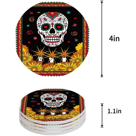 FMSHPON Halloween Flowers Skull Skeleton Set of 6 Round Coaster for Drinks, Absorbent Ceramic Stone Coasters Cup Mat with Cork Base for Home Kitchen Room Coffee Table Bar Decor