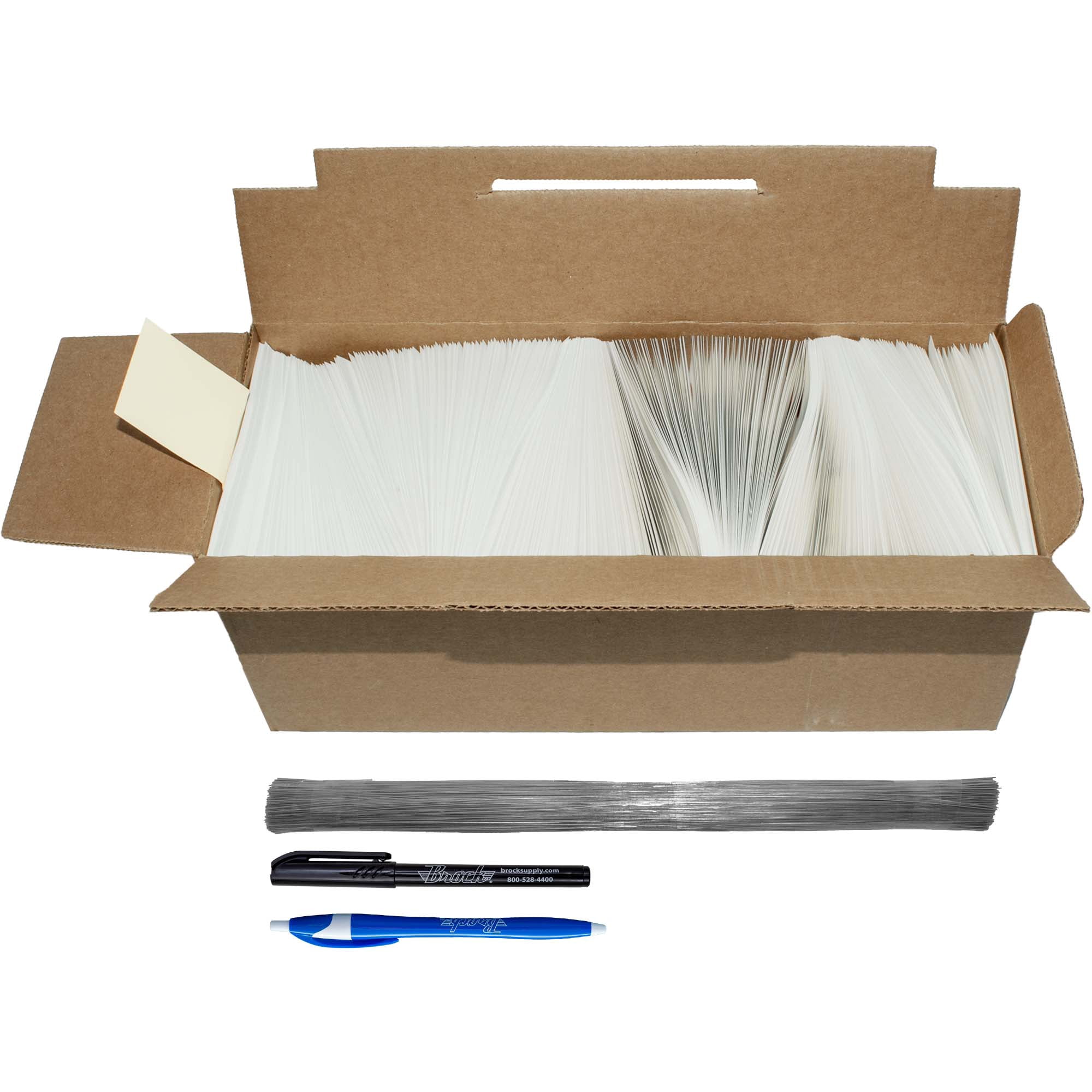 Brock Pre-Printed White Polyart Tags 2 5/8 Inch x 5 1/4 Inch With Reinforced Metal Eyelet Includes Wire-Brock Ballpoint Pen-Brockmark Marker 1000 Tags/Box
