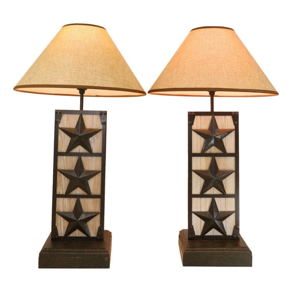 Set of 2 Rustic Western Triple Lone Stars Wood And Metal Bedside Table Lamps