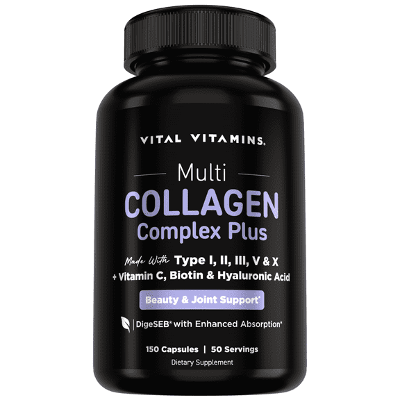Vital Vitamins Multi Collagen Complex Plus - Biotin, HA, Vit C - Hair, Skin, Nails, Joints - 150 Count
