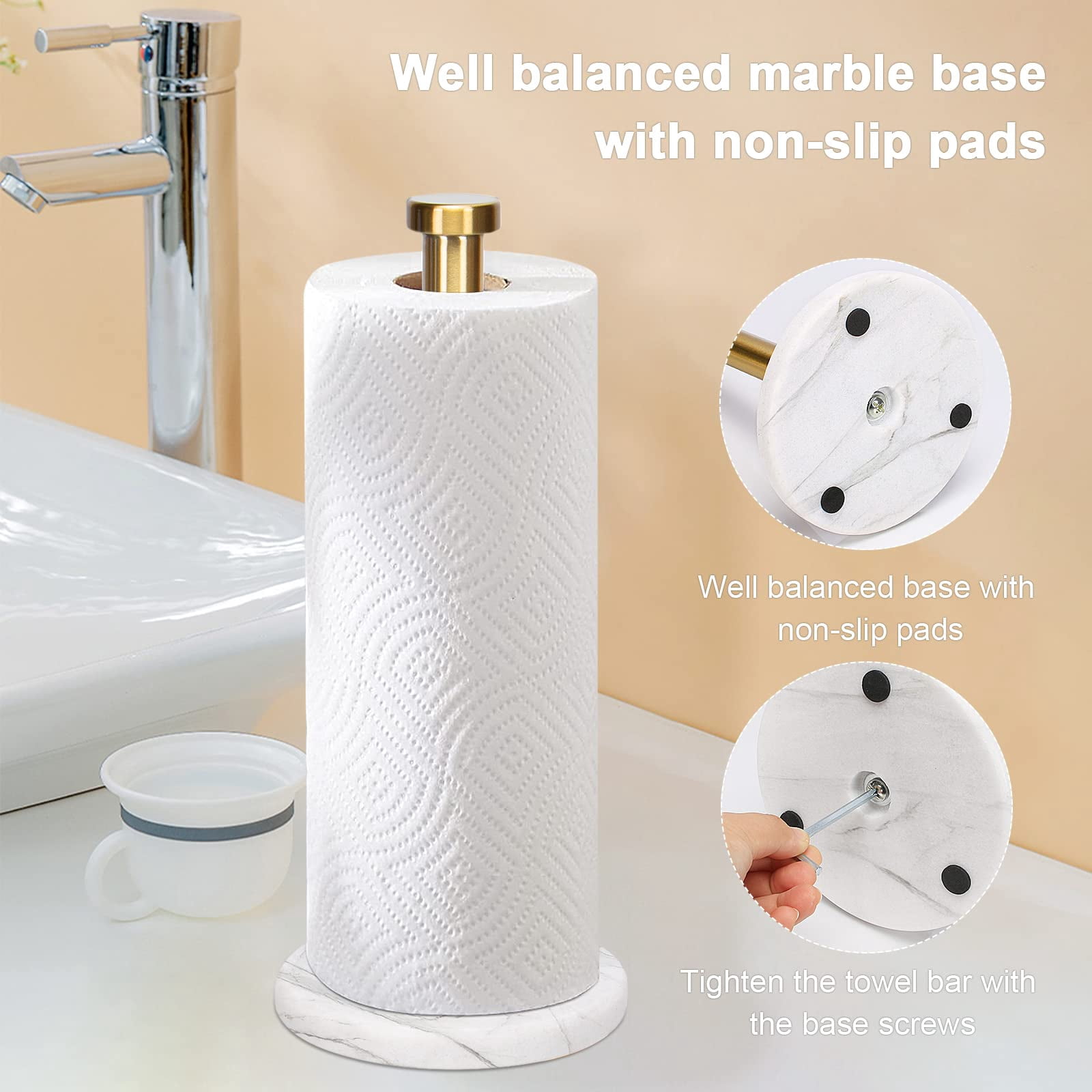 Standing Paper Towel Holder  Kitchen Tissue Holder- For Bathroom Countertop Standard Or Jumbo-sized Roll (with Marble Base Brushed Gold)