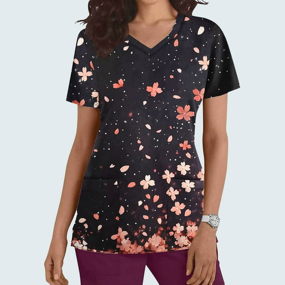 Women Tops under $5! Cagogo Women's V-Neck Scrub Top Plus Size Stretch Short Sleeve Floral Printed Nurse Tops Working Uniform Nursing Top with Pockets S-XXL