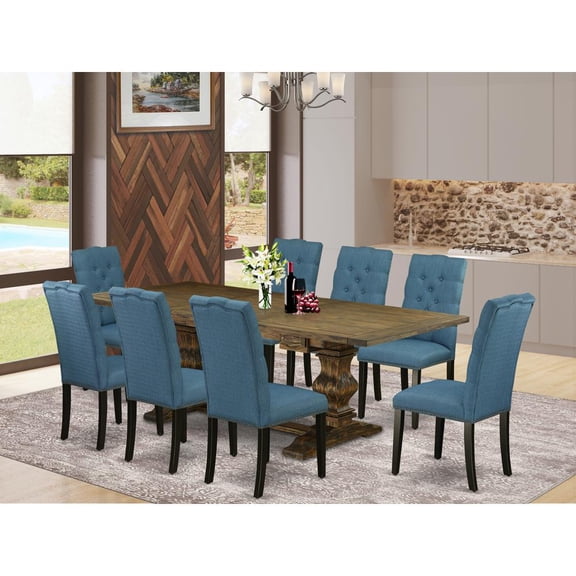 East West Furniture 9-piece dining table set with Chair’s Legs and Mineral Blue Linen Fabric