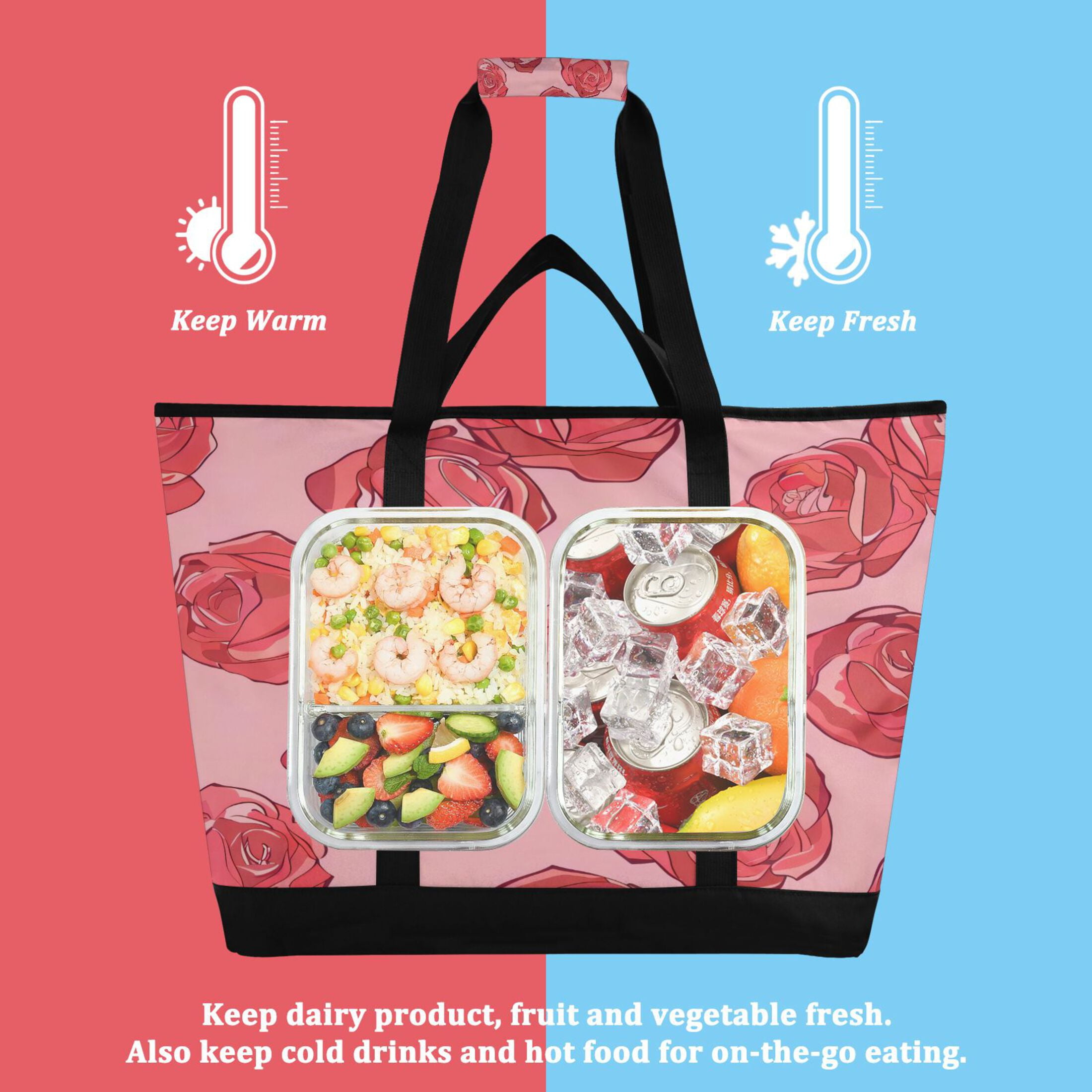 Large Hand-held Ice Pack Picnic Bag Insulation and Refrigeration Suitable for Shopping Picnics and Camping Red Rose