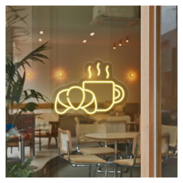 Letrero De Neón Café Y Croissant, Ideal Para Panaderías, Cafeterías, Tiendas, Decoración Pared Del Hogar, Con Atenuación 31cmx40cm