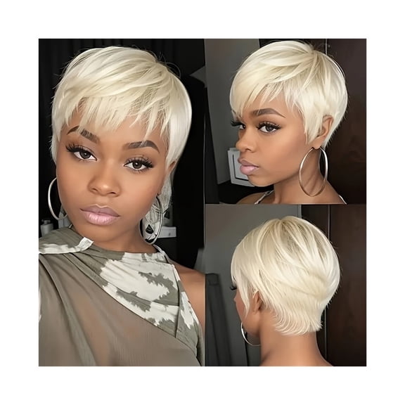 Short Wig Layered Blonde Cut  Human Hair Wig 613# Straight Hair Pixie Wigs with Bangs