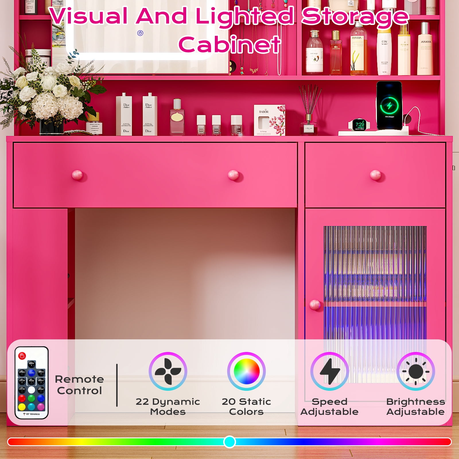 Ktaxon Makeup Vanity with Lighted Mirror,  Vanity Table Set w/ Charging Station, Side Rack, Pink
