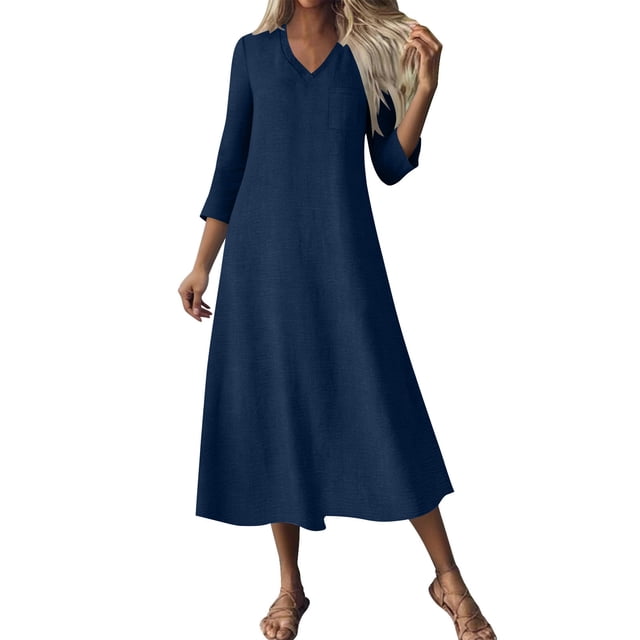 JGGSPWM Robe Maxi Décontractée en Coton pour Femmes Tendance Été Bohème Manches 3/4 Coton Lin Longue Robe Élégante Chic pour Femmes Bleu G
