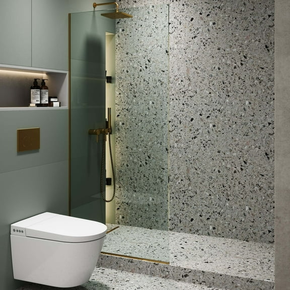 Fine Fixtures Single Fixed Glass Shower Panel - Clear Tempered Frameless Shower Glass Door 34" W X 74" H Satin Brass Finish