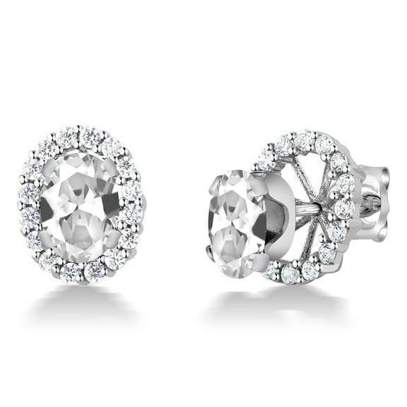 Gem Stone King 925 Sterling Silver Oval White Created Sapphire Removable Jacket Stud Earrings for Women