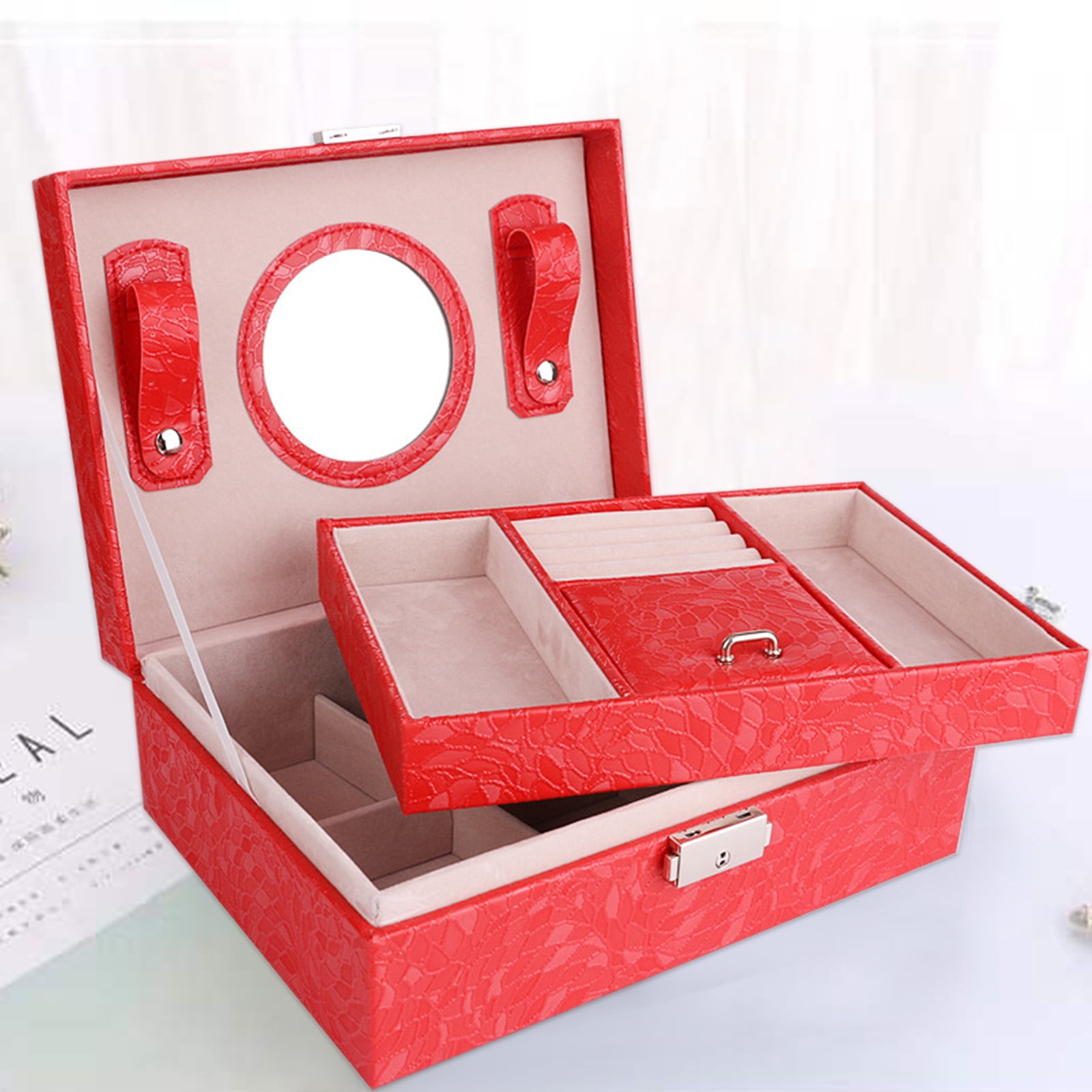 Jubipavy Jewelry Box With Lock And Mirror Jewelry Organizer Storage Case With 2-Layers Display For Earrings Bracelets Rings Watches