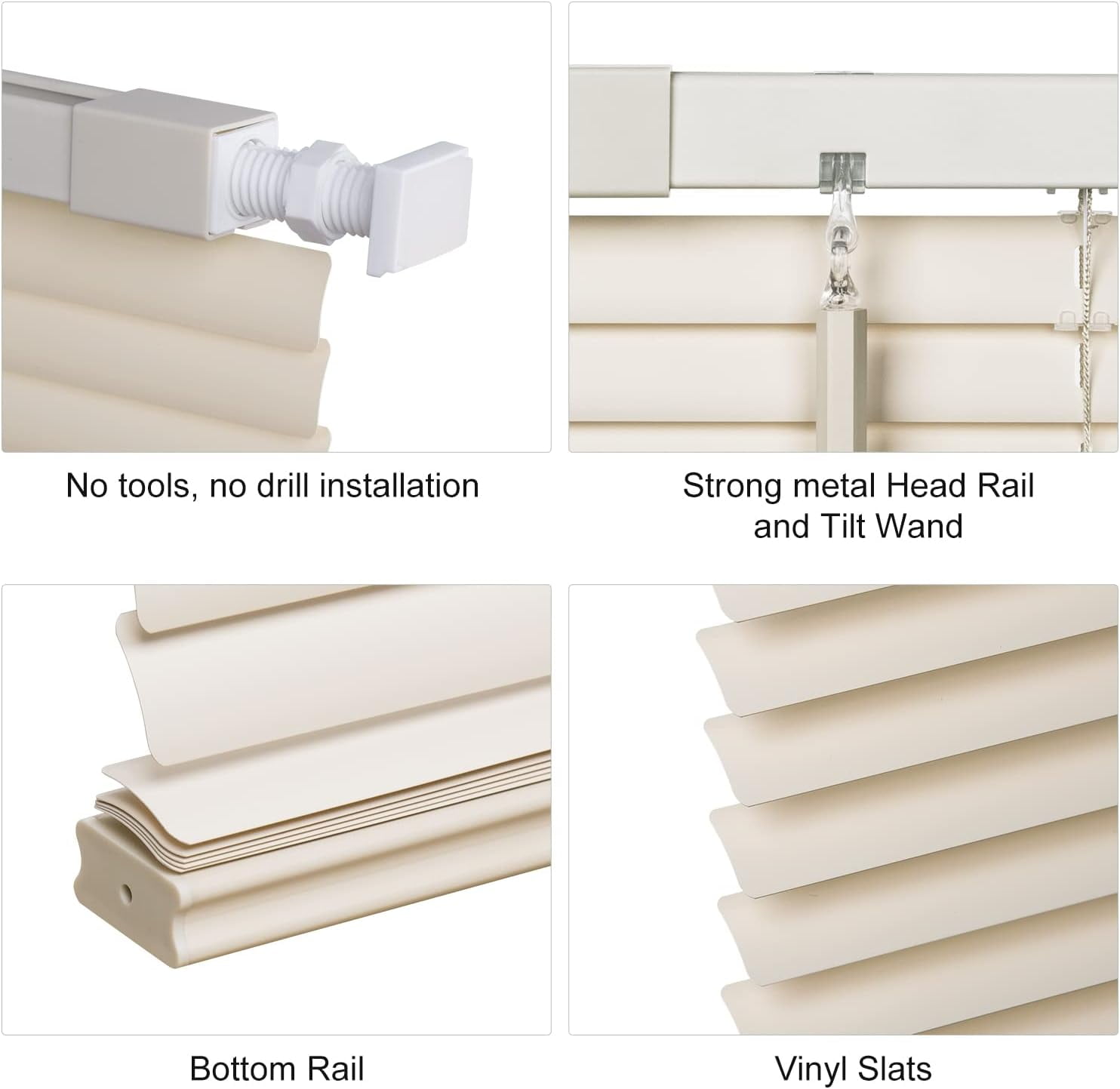 LazBlinds Cordless No Tools-No Drill 1" Vinyl Horizontal Mini Blinds, Light Filtering Blinds for Windows, Blinds & Shades for Window, 20" W x 64" H, Cream