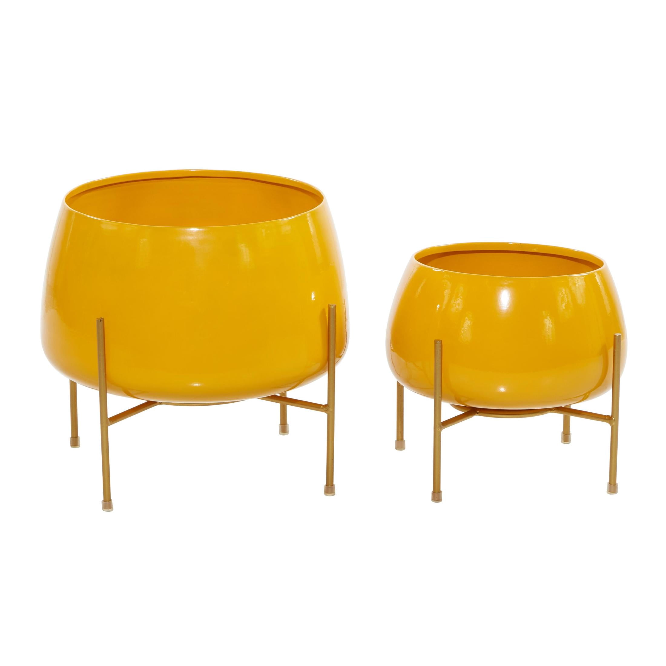 DecMode Modern Metal Bowl Shape Planter with Yellow Golssy Finish, Set of 2 8", 10"H