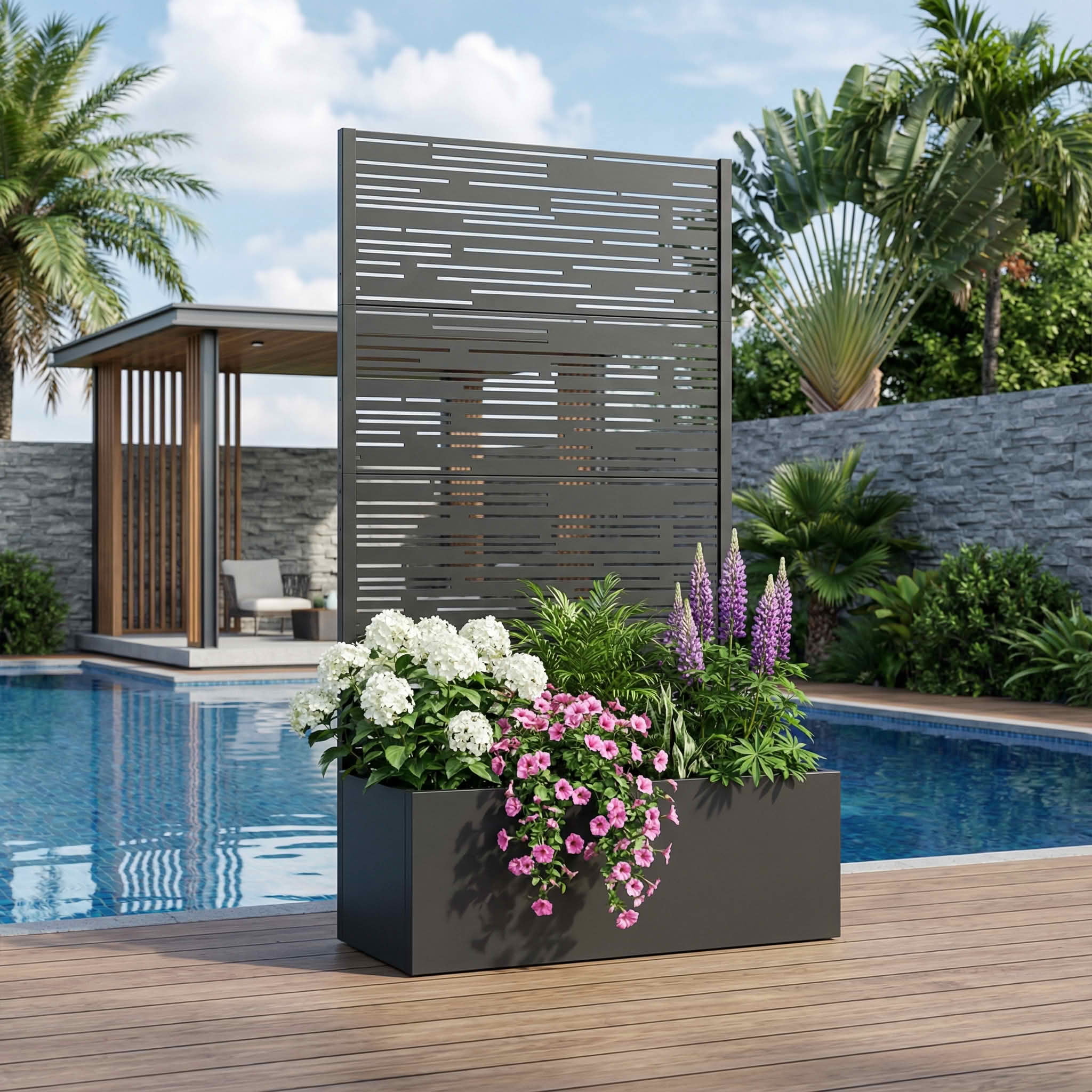 MAYEERTY 59X30" Metal Outdoor Black Privacy Screen with Planter Box for Backyard & Garden, 4 Piece Set