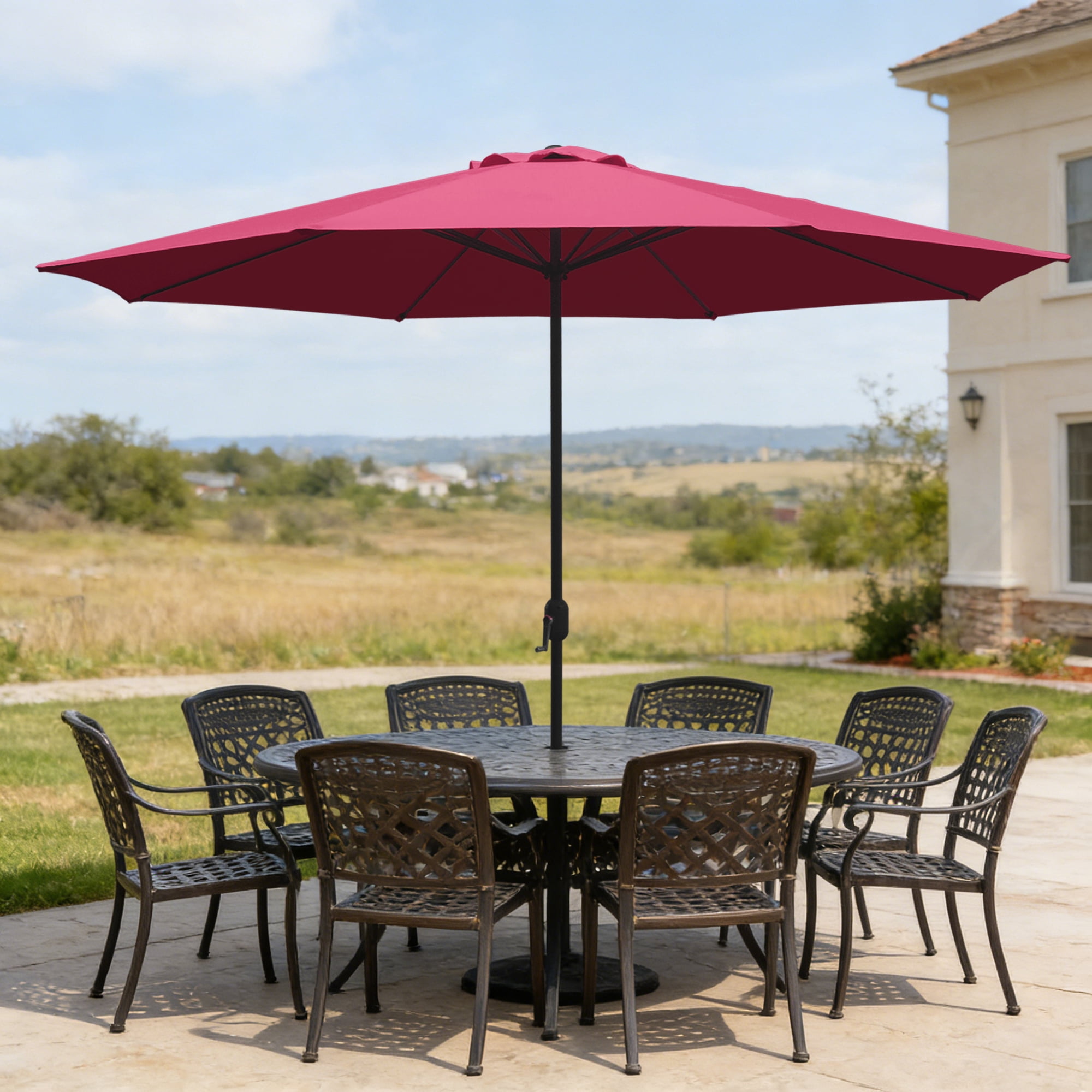 Abble 11FT Outdoor Patio Umbrella with Crank Handle, Market Umbrella with 8 Sturdy Umbrella Ribs, Waterproof for Garden Deck Backyard Pool, Burgundy