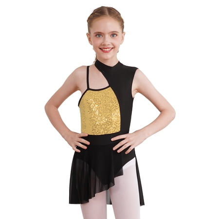 Alvivi Kids Girls Sequins One Shoulder Ballet Lyrical Dance Costume Contemporary Latin Leotard Dress Gold 12