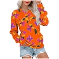 thumbnail image 2 of YueHuiYing Women's Oversized Hoodie - Orange Base with Black Floral Pattern V-Neck Long Sleeve Drop Shoulder with Ribbed Cuffs & Pockets Eye-Catching Top, 2 of 5