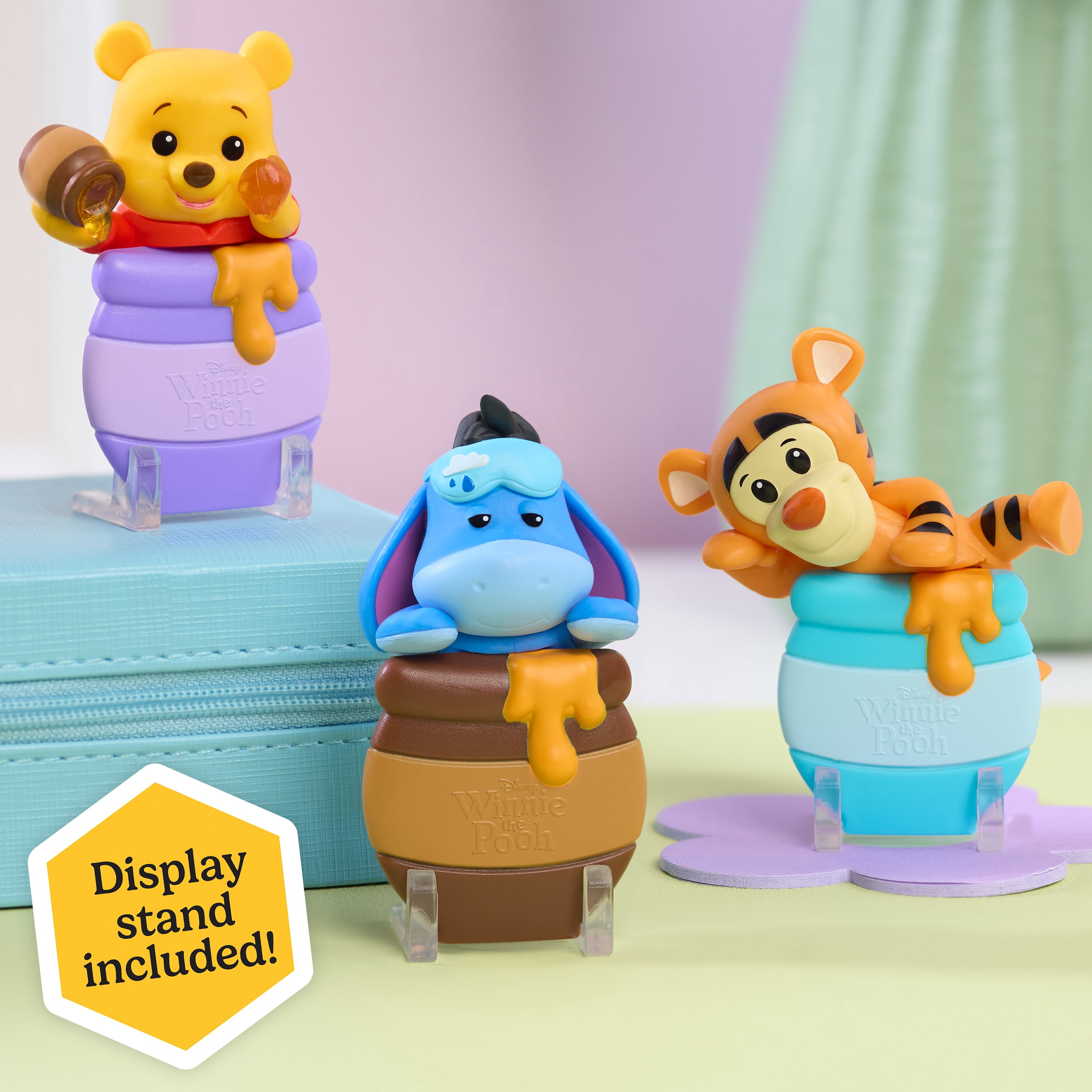 Disney Winnie the Pooh Attachmeez Blind Box Collectible Figure with Display Stand, Hangs off Books, Phones & More