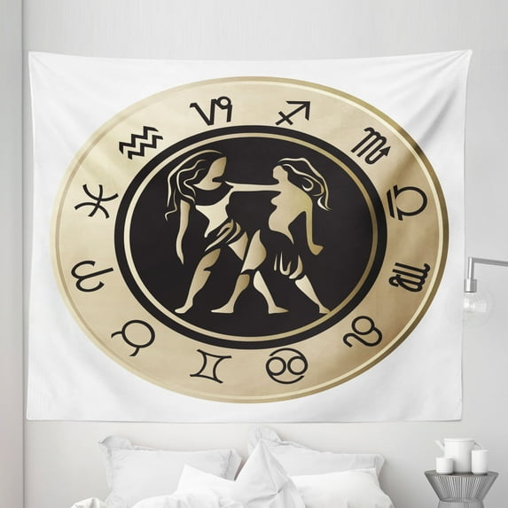 Zodiac Gemini Tapestry, Birth Fortune and Prediction Cosmic Themes Circular Design Twins, Fabric Wall Hanging Decor for Bedroom Living Room Dorm, 5 Sizes, Sand Brown Black White, by Ambesonne