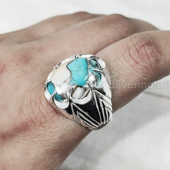 Oyster Copper Turquoise Mans Ring, Natural Copper Turquoise, Silver Jewelry, 925 Silver Ring, Birthday Gift, Heavy Mens Ring, Arabic Design, Ottoman Style Ring, Christmas, Turkey Mens Signet Ring