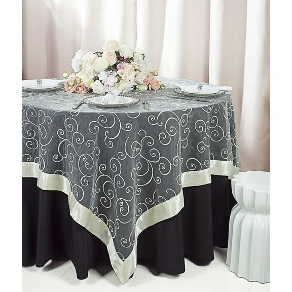 Wedding Linens Inc. 85"x85" Embroidered Organza Sheer Table Overlay Toppers - Ivory