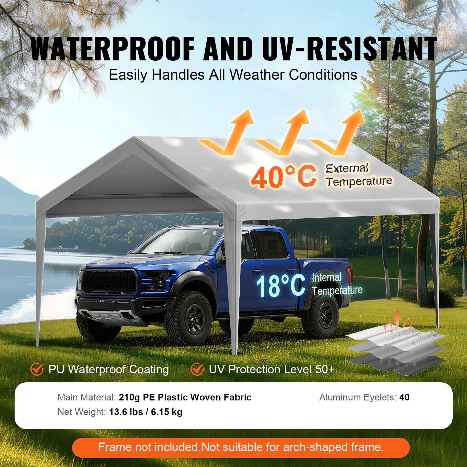 10' x 20' Carport Replacement Canopy Cover, Heavy Duty Waterproof UV Resistant Garage Top Tent Tarp Shelter, Outdoor All Weather Car Shelter Roof Cover with Bungee Cords, Gray, Frame Not Included