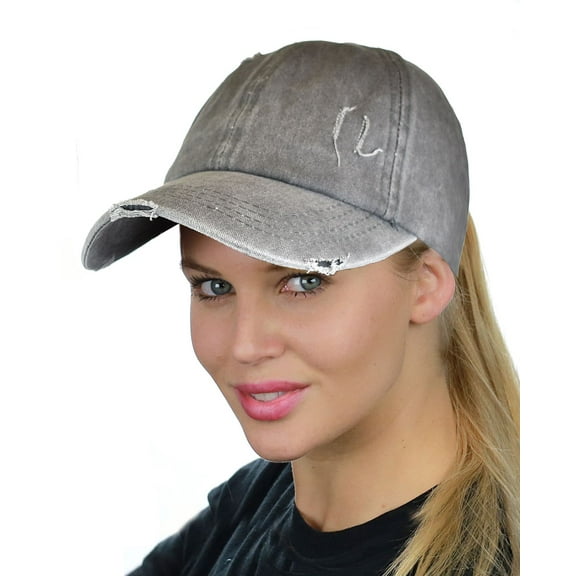 C.C Ladder Style Ponycap Adjustable Ponytail Distressed Washed Denim Baseball Cap, Gray